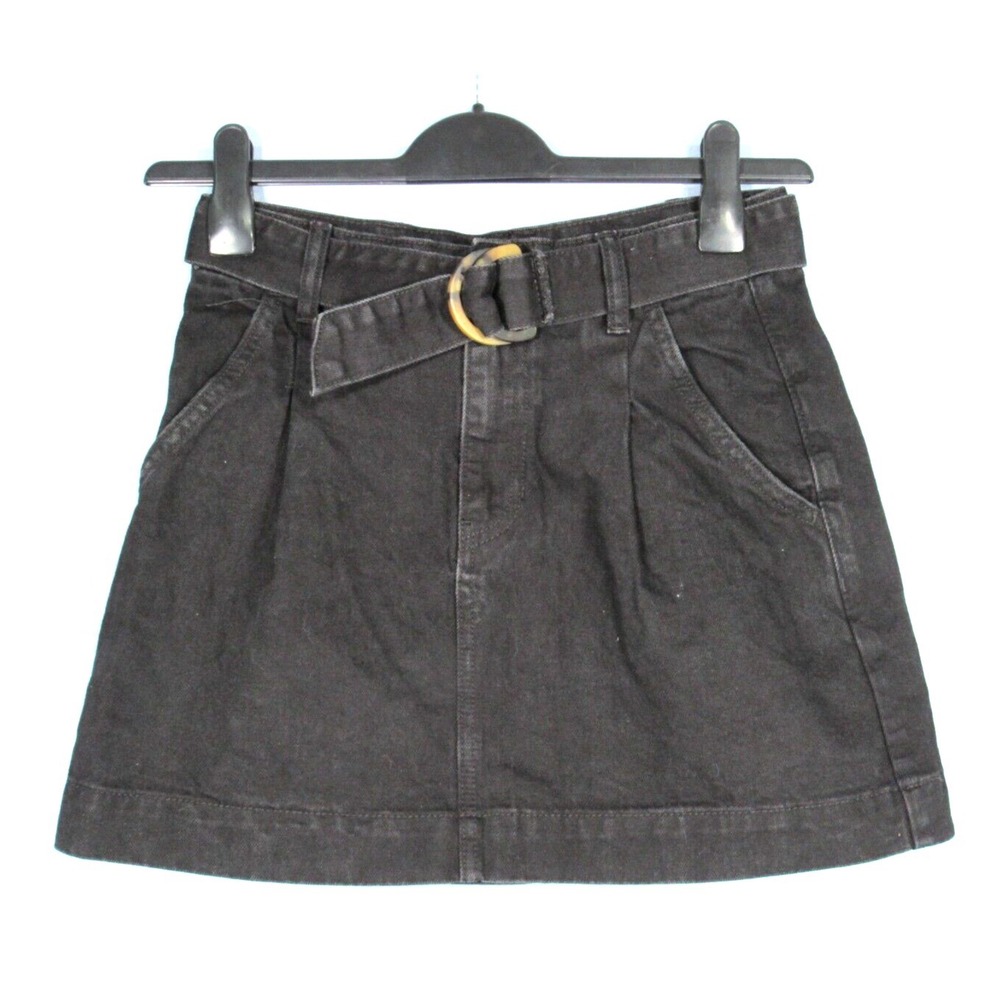WE THE FREE PEOPLE Pleated Black Slouchy COTTON DENIM Jade Belted Mini Skirt 25R